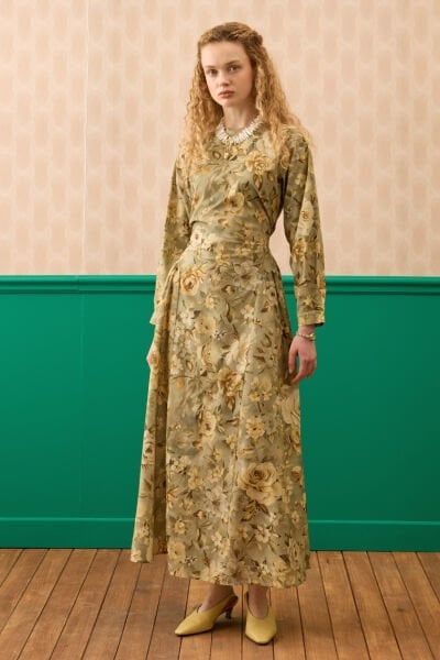 Haki Gül Desenli Korsaj Detay Elbise