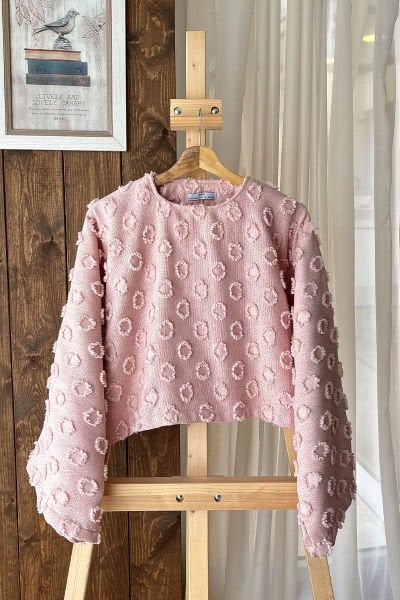 Pudra Püskül Detay Yarasa Kol Crop