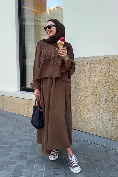 Acı Kahve Müslin Biyeli Bluz & Balon Etek Takım