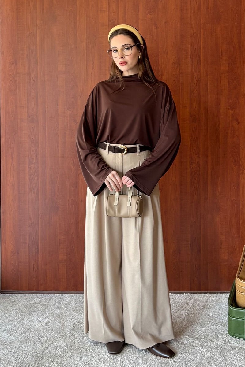 Acı Kahve Jarse Bluz & Vizon Pile Detay Palazzo Pantolon Takım