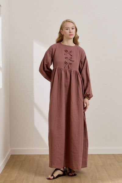 Gül Kurusu Müslin Fiyonklu Belroba Elbise