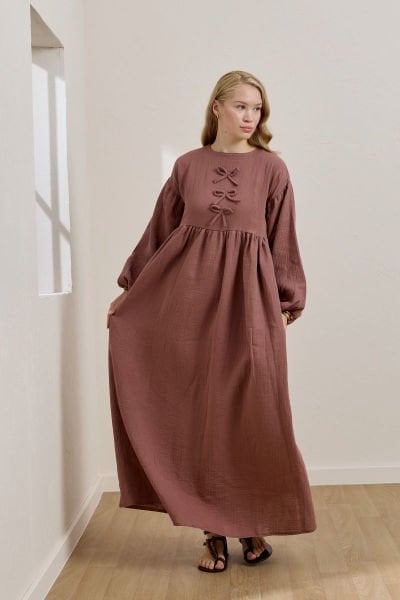 Gül Kurusu Müslin Fiyonklu Belroba Elbise