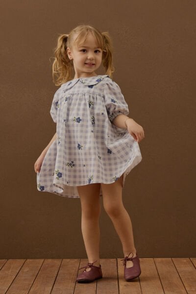 Mavi Çiçek Pötikare Bebe Yaka Çocuk Elbise