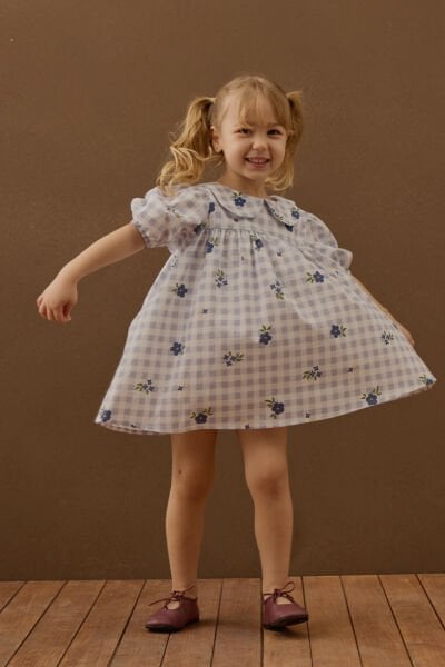 Mavi Çiçek Pötikare Bebe Yaka Çocuk Elbise