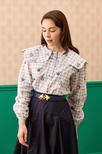 Mavi Çiçek Pötikare Papatya Yaka Gömlek