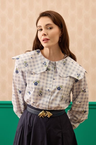 Mavi Çiçek Pötikare Papatya Yaka Gömlek