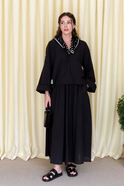 Siyah Organik Keten V Yaka Bluz & Siyah Organik Keten Balon Etek Takım