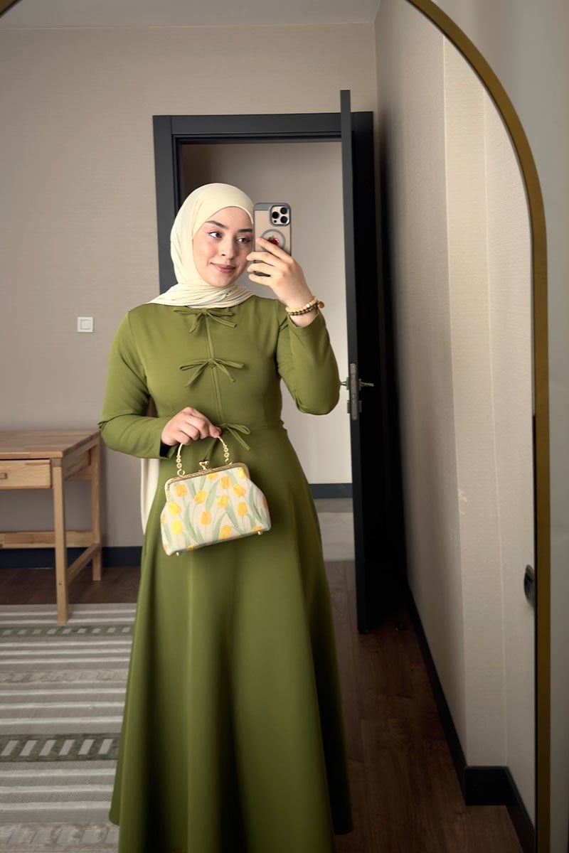 Yağ Yeşili Fiyonk Detay Krep Elbise / FADİKU