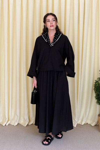 Siyah Organik Keten V Yaka Bluz & Siyah Organik Keten Balon Etek Takım