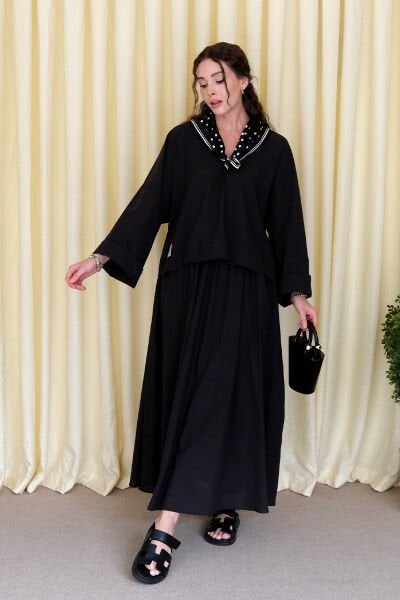 Siyah Organik Keten V Yaka Bluz & Siyah Organik Keten Balon Etek Takım