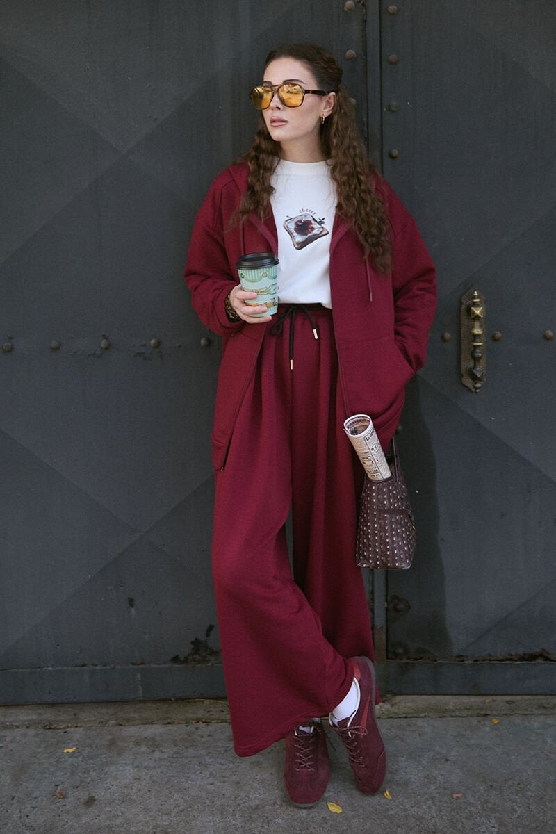 Bordo 3 İplik Uzun Fermuarlı Eşofman Takım