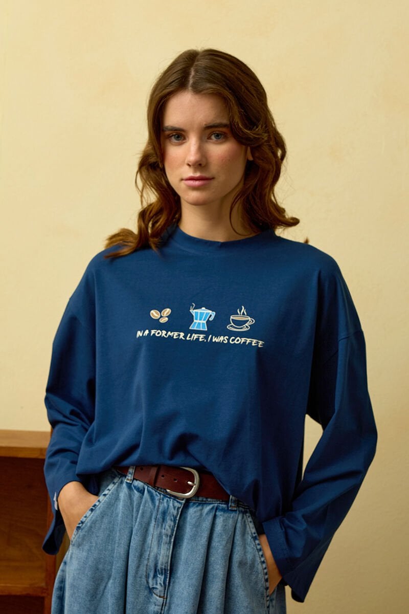 Lacivert Coffee Baskılı Basic Body