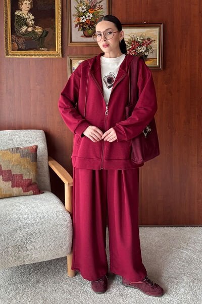 Bordo 3 İplik Uzun Fermuarlı Eşofman Takım