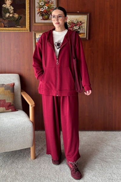 Bordo 3 İplik Uzun Fermuarlı Eşofman Takım