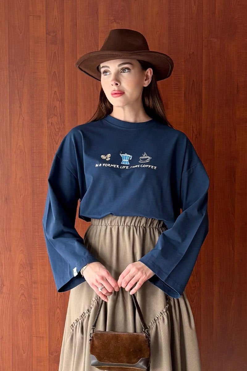 Lacivert Coffee Baskılı Basic Body