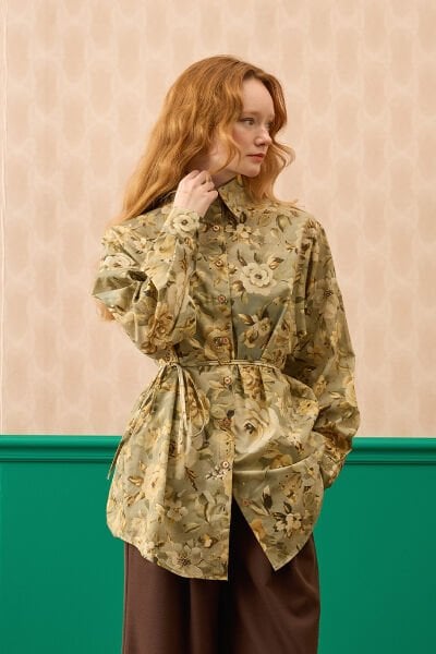 Haki Gül Desenli Vintage Gömlek