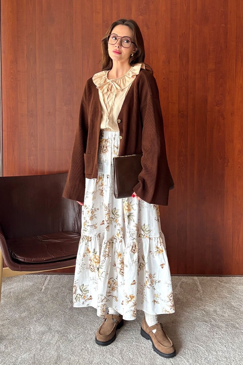 Krem Çiçekli Kat Kat Etek