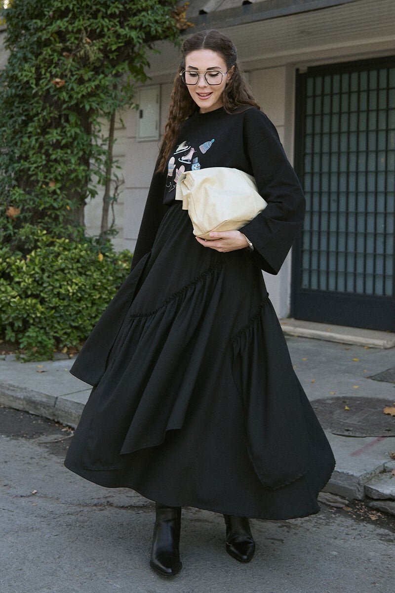 Siyah Poliviskon Bohem Kat Etek