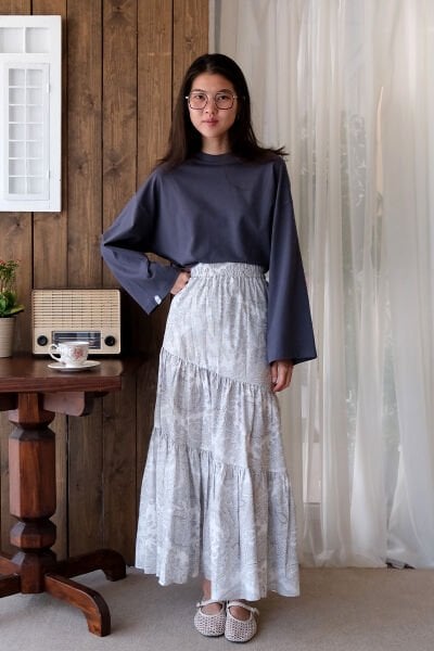 Gri Etnik Desen Çapraz Kat Etek