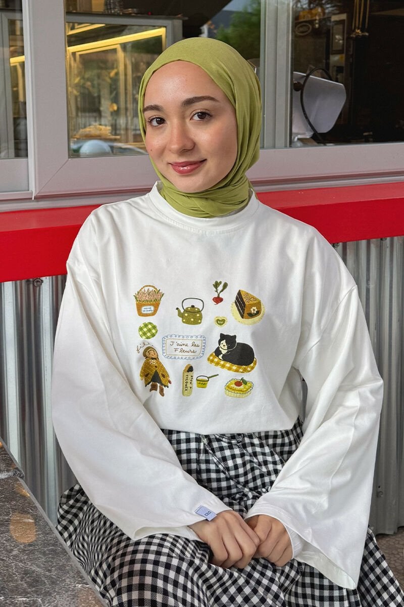 Ekru Lazy Cat Baskılı Basic Body