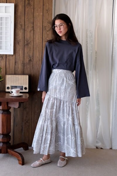 Gri Etnik Desen Çapraz Kat Etek