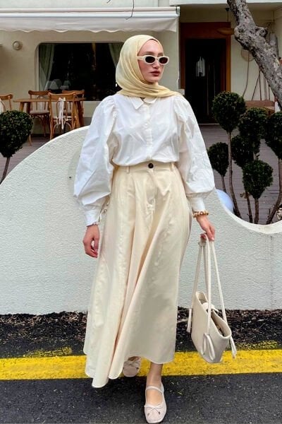 Tereyağ Sarısı Keten Tek Düğmeli Etek