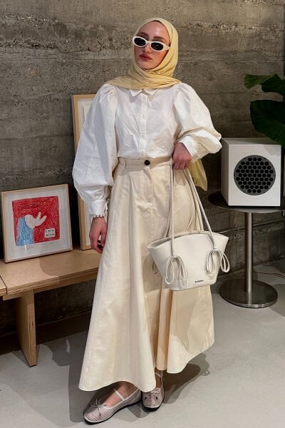 Tereyağ Sarısı Keten Tek Düğmeli Etek