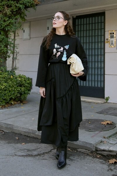 Siyah Winter Baskılı Basic Body & Siyah Koton Bohem Kat Etek Takım