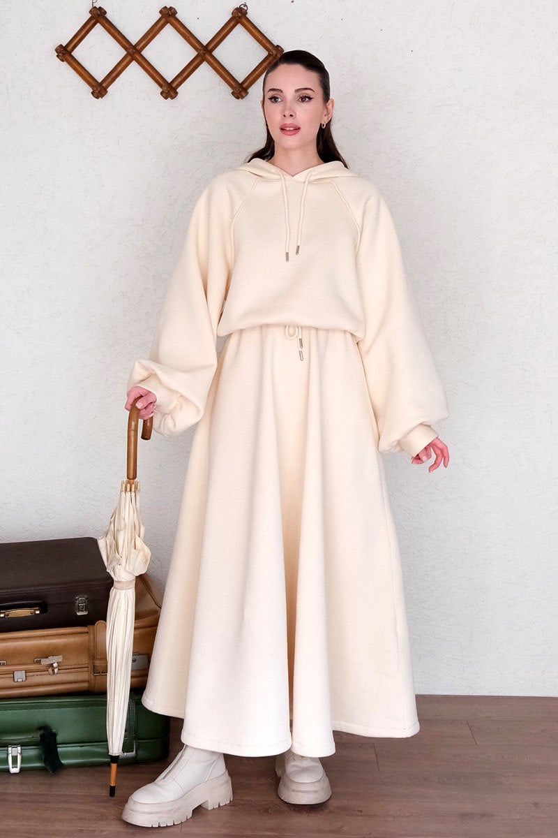 Krem 3 İplik Sweat & Etek Takım