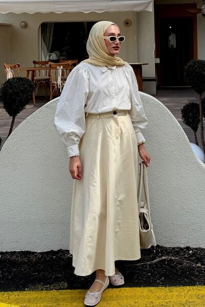 Ekru Klasik Yaka Crop Gömlek & Tereyağ Sarısı Keten Kloş Etek