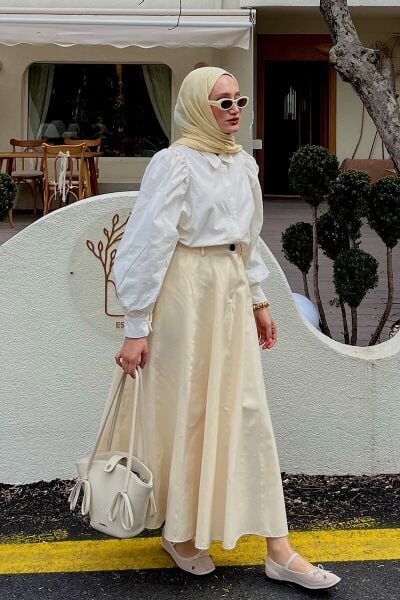 Tereyağ Sarısı Keten Tek Düğmeli Etek& Krem Klasik Yaka Crop Gömlek