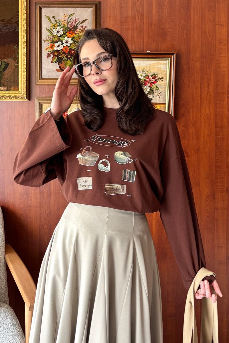Acı Kahve Vintage Baskılı Basic Body