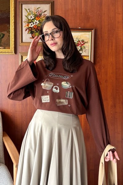 Acı Kahve Vintage Baskılı Basic Body
