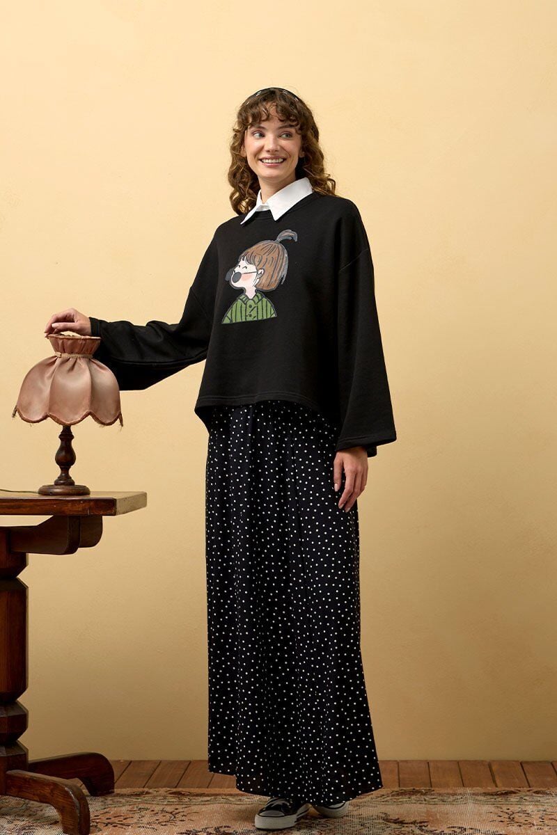 Siyah Baskılı 3 İp Body & Siyah Viskon Puantiye Detaylı Etek Takım