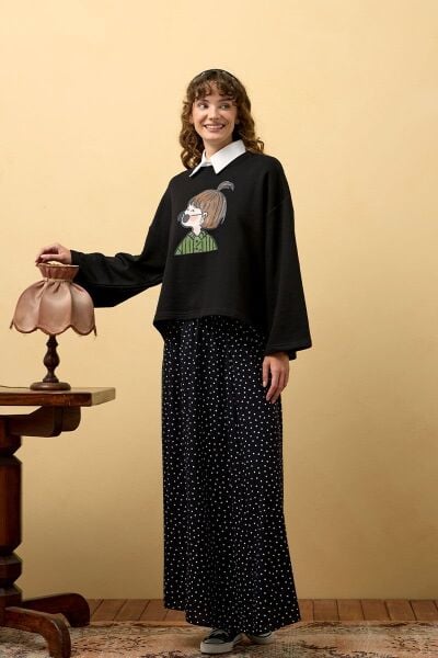 Siyah Baskılı 3 İp Body & Siyah Viskon Puantiye Detaylı Etek Takım