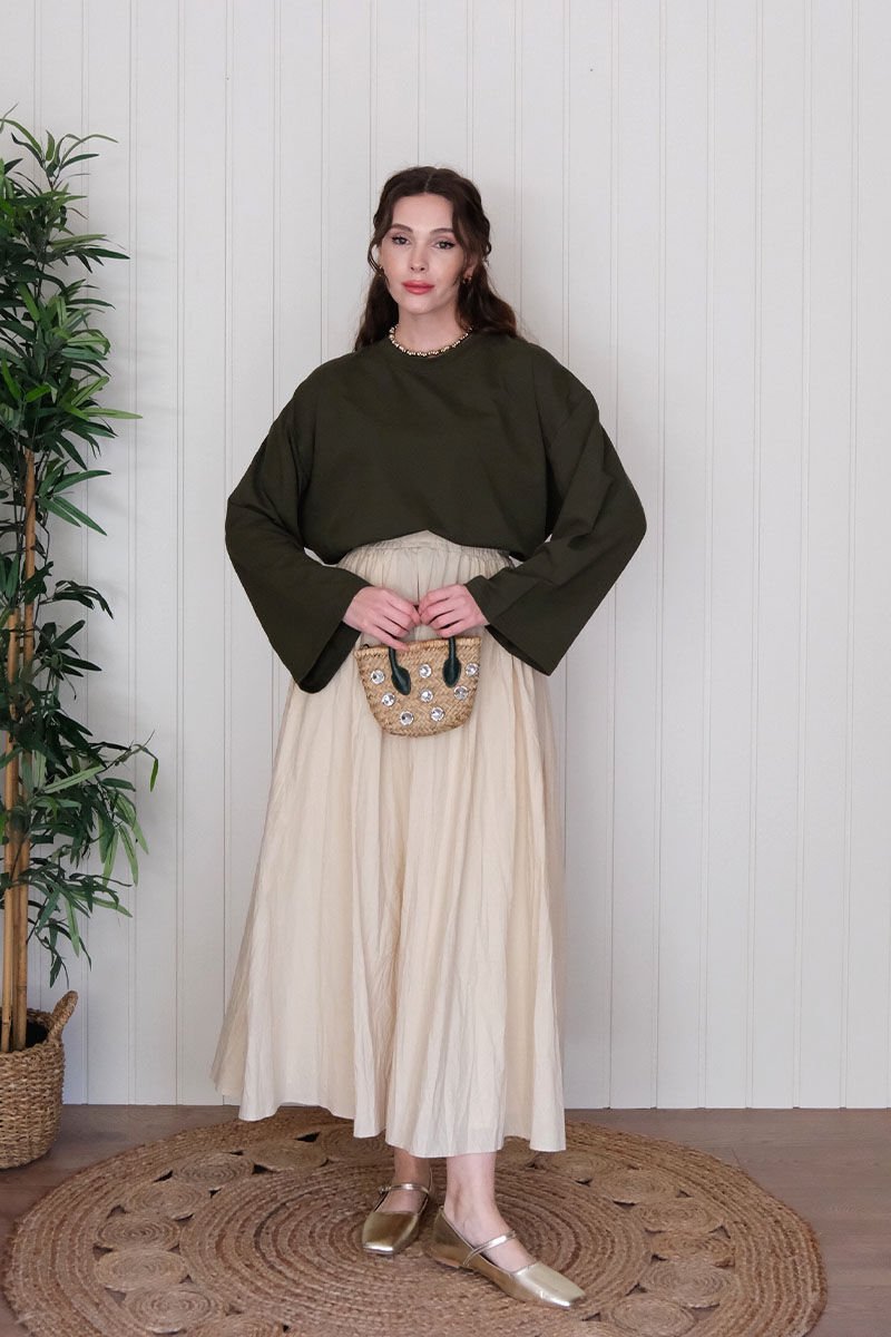 Haki Body & Krem Kraşlı Balon Etek