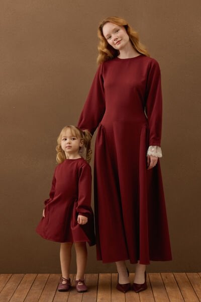 Bordo Krep Korsaj Detay Anne Çocuk Elbise Takım