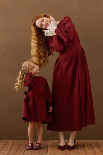 Bordo Krep Korsaj Detay Anne Çocuk Elbise Takım