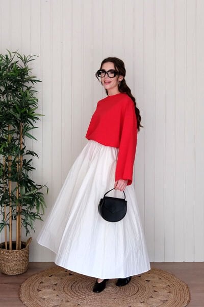 Kırmızı Body & Beyaz Kraşlı Balon Etek Takım