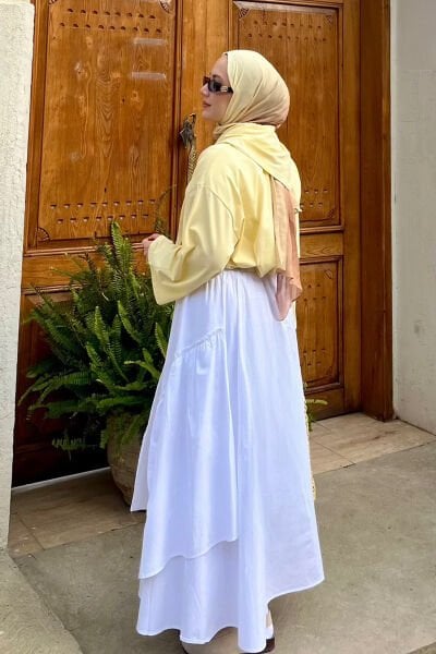 Beyaz Koton Bohem Kat Etek & Tereyağ Sarısı Fularlı Body