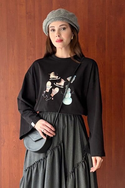 Siyah Winter Baskılı Basic Body