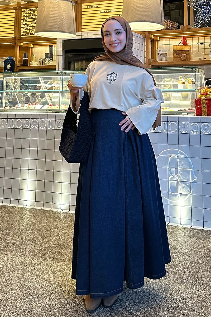 Bej Nakışlı Body & Kot Pile Detay Etek Takım