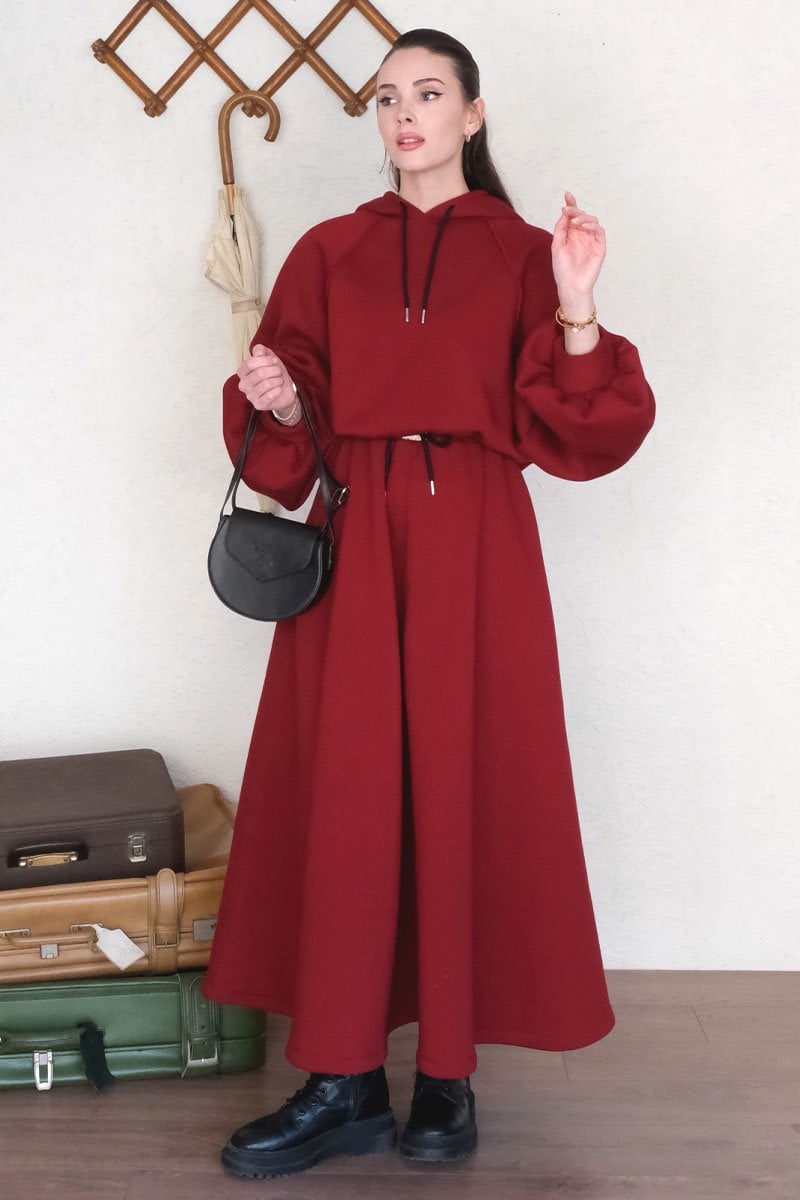 Bordo 3 İplik Sweat & Etek Takım