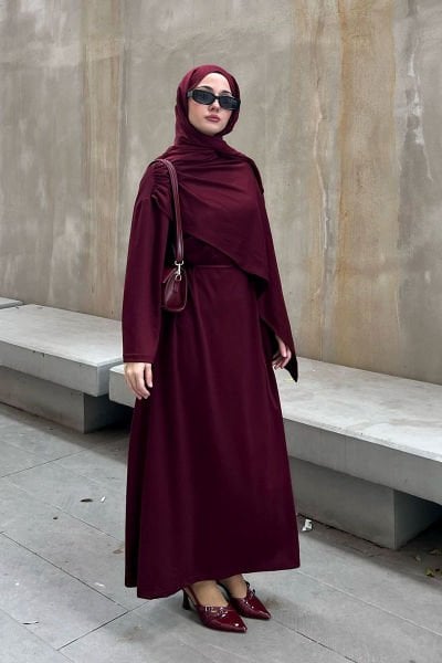Bordo Oysho Şal Yaka Elbise