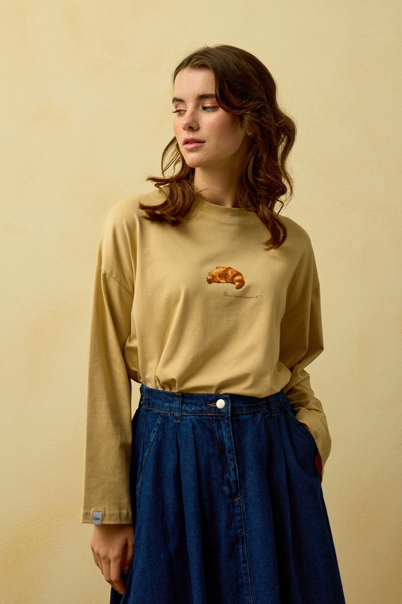 Bej Kruvasan Baskılı Basic Body