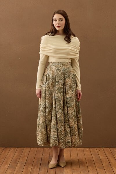 Vizon Etnik Desenli Parçalı Etek