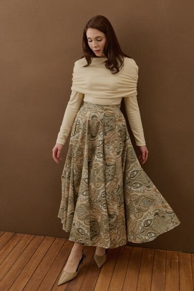 Vizon Etnik Desenli Parçalı Etek