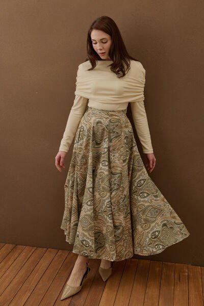 Vizon Etnik Desenli Parçalı Etek