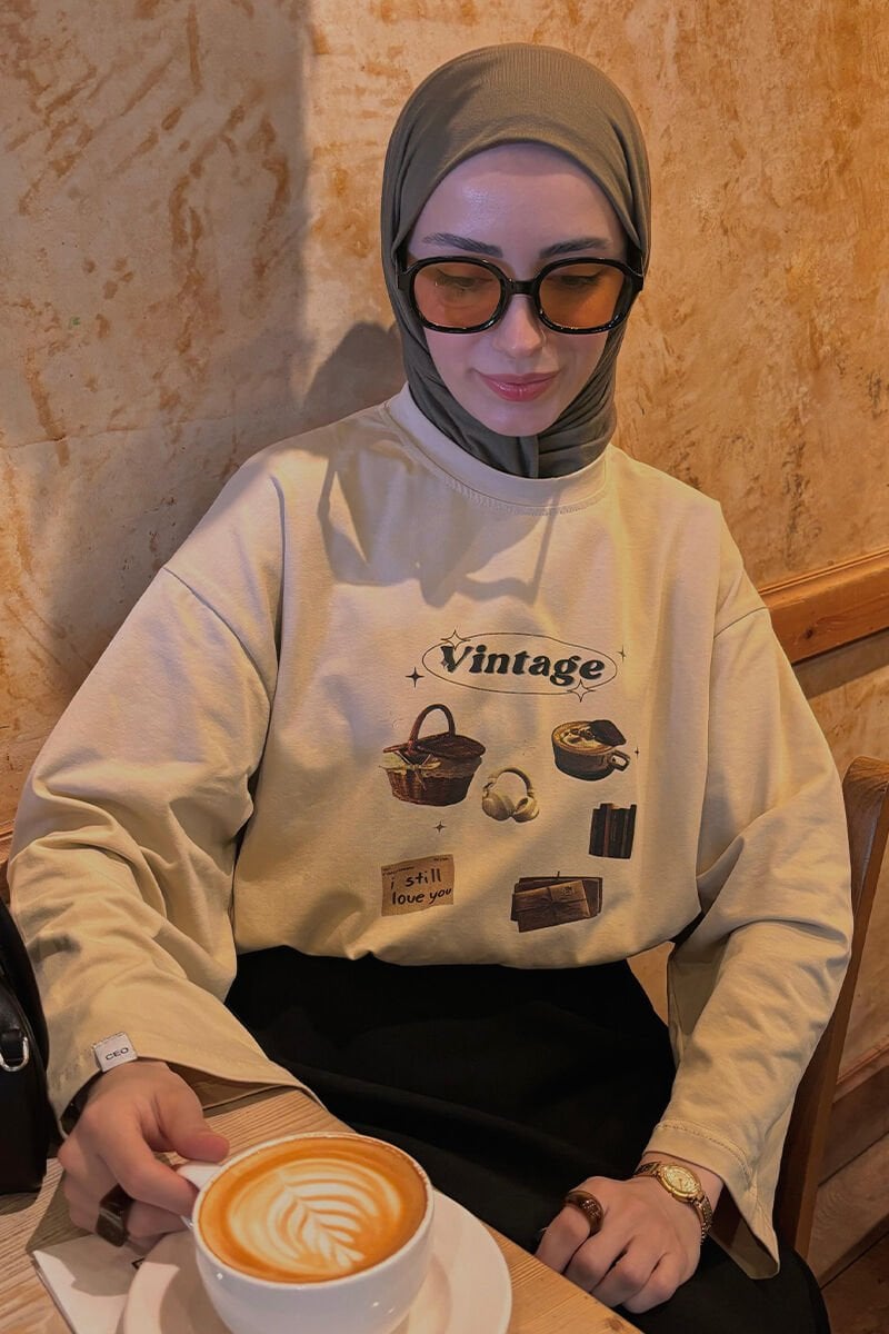 Bej Vintage Baskılı Basic Body