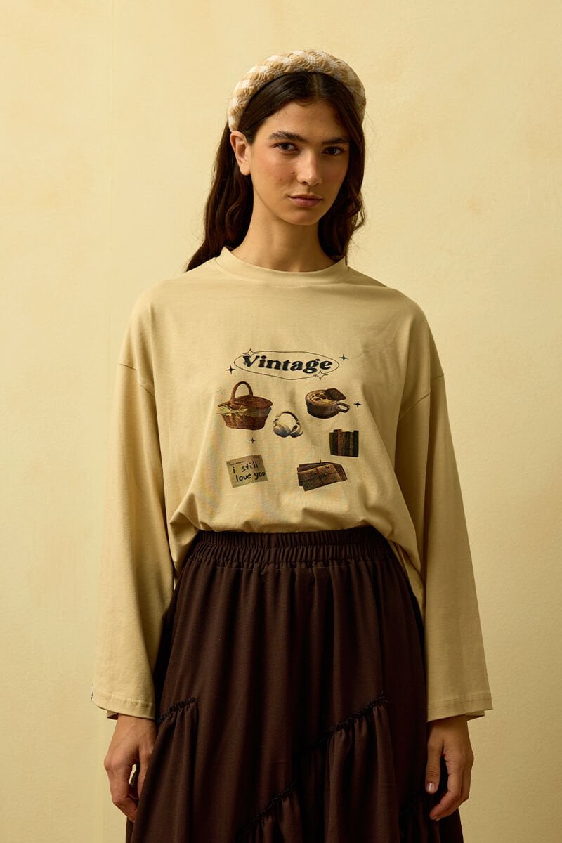 Bej Vintage Baskılı Basic Body